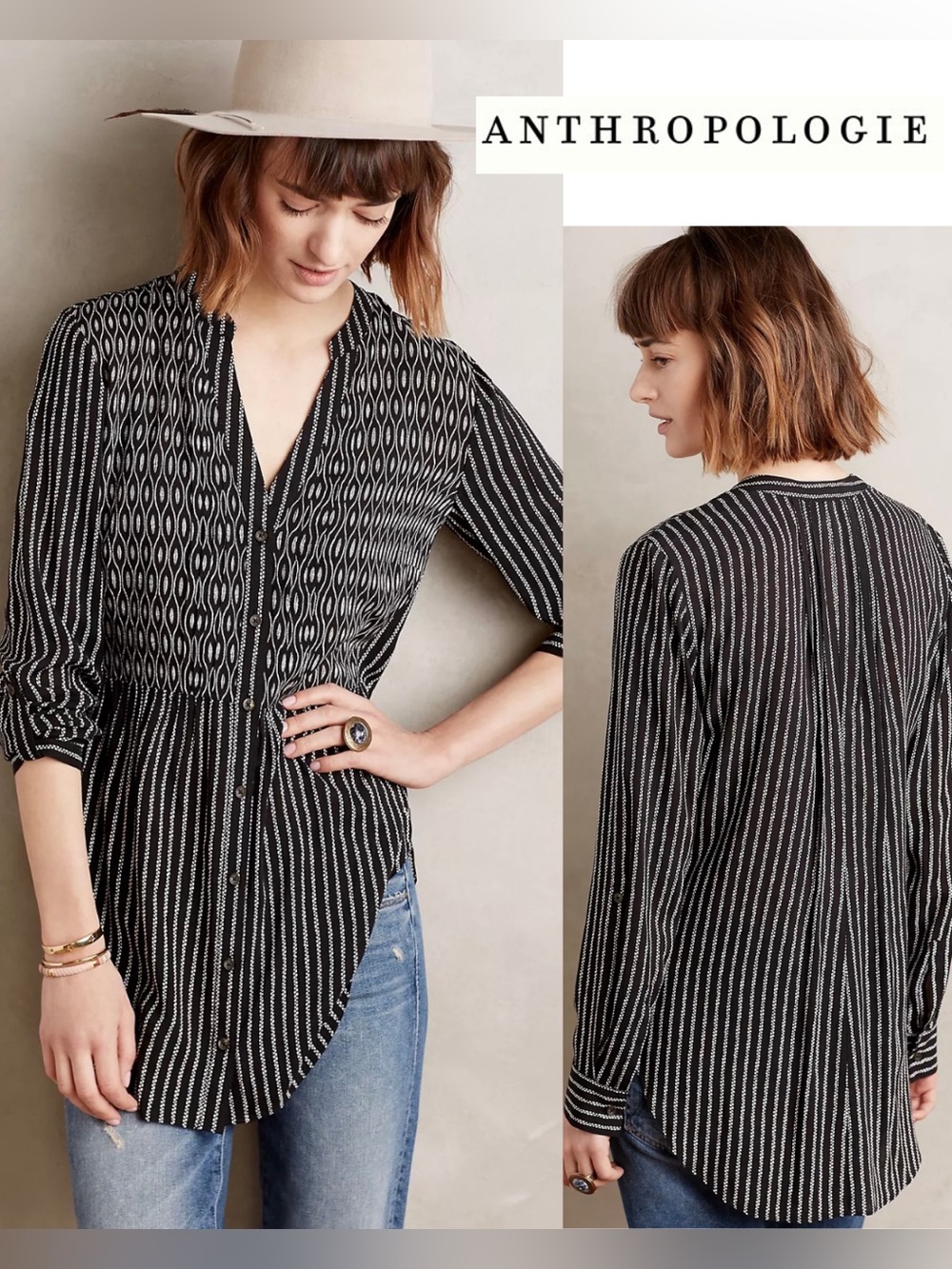 Maeve Anthropologie Calia Tunic Blouse Black White Striped Geometric Size 0
